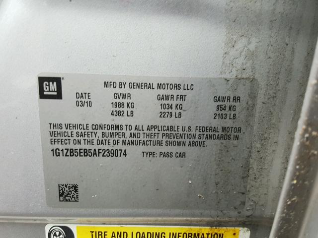 1G1ZB5EB5AF239074 - 2010 CHEVROLET MALIBU LS SILVER photo 10