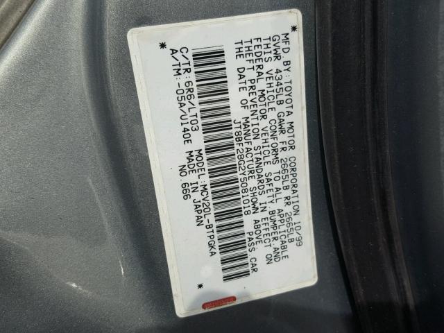 JT8BF28G2Y5081018 - 2000 LEXUS ES 300 GRAY photo 10