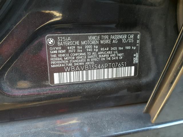 WBAVB13546PT07651 - 2006 BMW 325 I BLACK photo 10