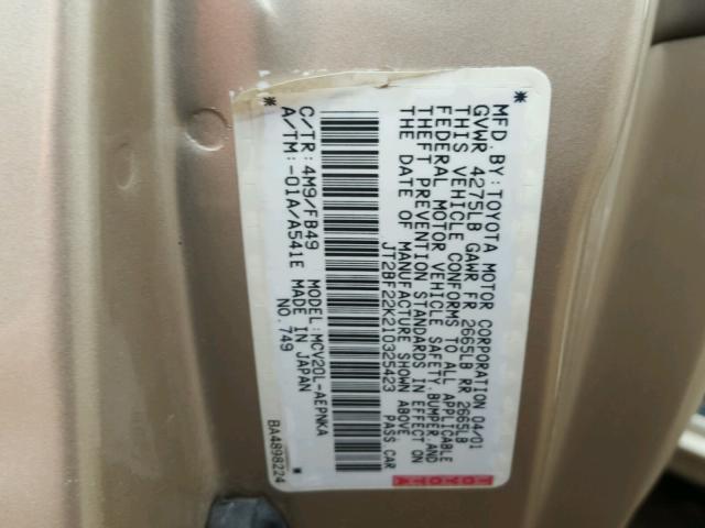 JT2BF22K210325423 - 2001 TOYOTA CAMRY CE GOLD photo 10