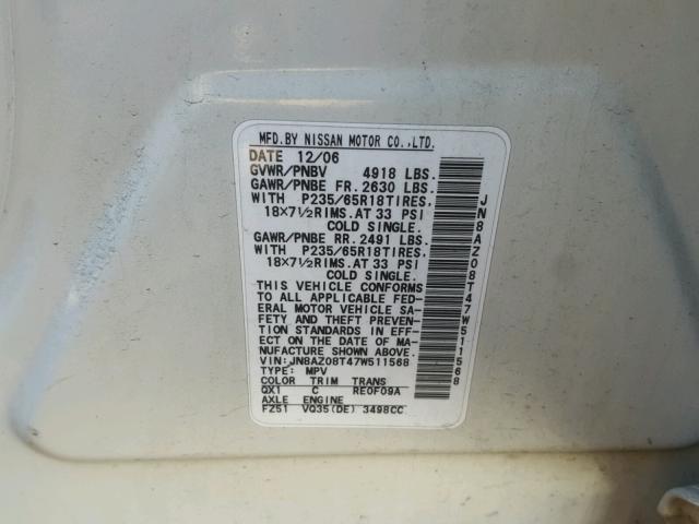 JN8AZ08T47W511568 - 2007 NISSAN MURANO SL WHITE photo 10