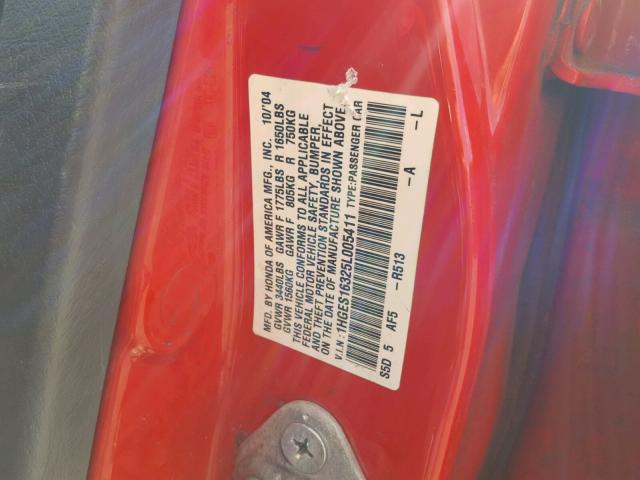 1HGES16325L005411 - 2005 HONDA CIVIC DX V RED photo 10