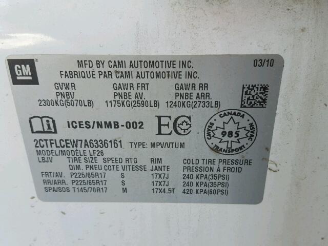 2CTFLCEW7A6336161 - 2010 GMC TERRAIN SL WHITE photo 10