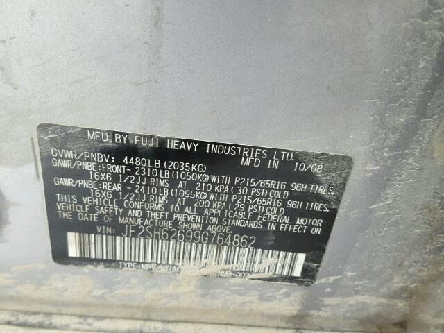 JF2SH62699G764862 - 2009 SUBARU FORESTER 2 GRAY photo 10