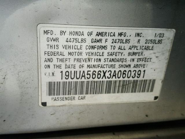 19UUA566X3A060391 - 2003 ACURA 3.2TL SILVER photo 10