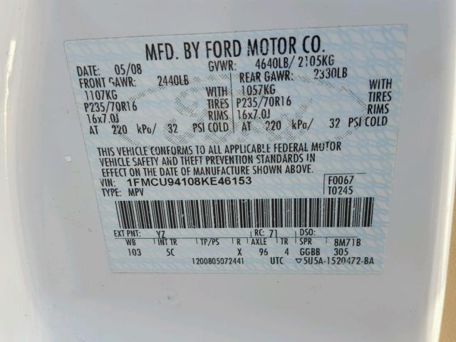 1FMCU94108KE46153 - 2008 FORD ESCAPE LIM WHITE photo 10