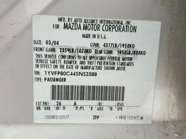 1YVFP80C445N53588 - 2004 MAZDA 6 I SILVER photo 10