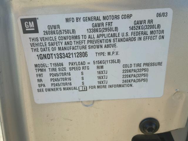 1GNDT13S342112806 - 2004 CHEVROLET TRAILBLAZE SILVER photo 10