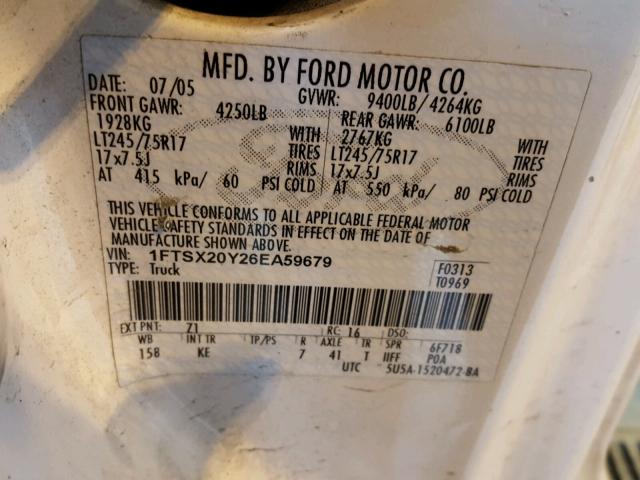 1FTSX20Y26EA59679 - 2006 FORD F250 SUPER WHITE photo 10