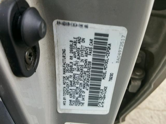 4T1BF30K22U532058 - 2002 TOYOTA CAMRY LE SILVER photo 10