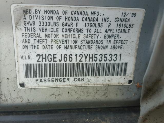 2HGEJ6612YH535331 - 2000 HONDA CIVIC BASE GRAY photo 10