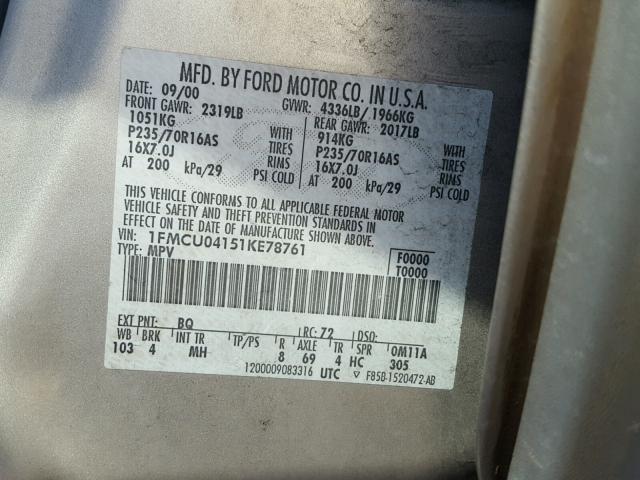 1FMCU04151KE78761 - 2001 FORD ESCAPE GRAY photo 10