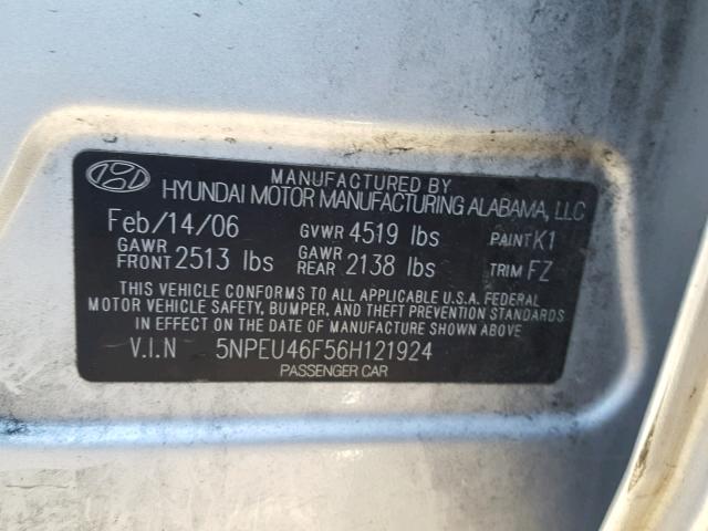 5NPEU46F56H121924 - 2006 HYUNDAI SONATA GLS SILVER photo 10