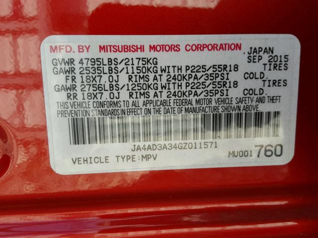 JA4AD3A34GZ011571 - 2016 MITSUBISHI OUTLANDER RED photo 10