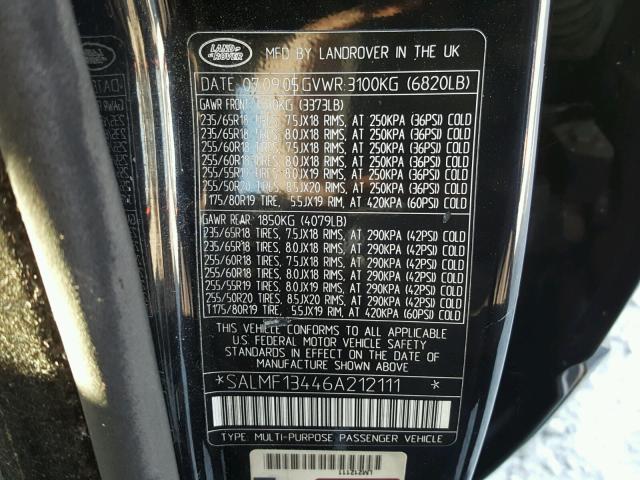 SALMF13446A212111 - 2006 LAND ROVER RANGE ROVE BLACK photo 10