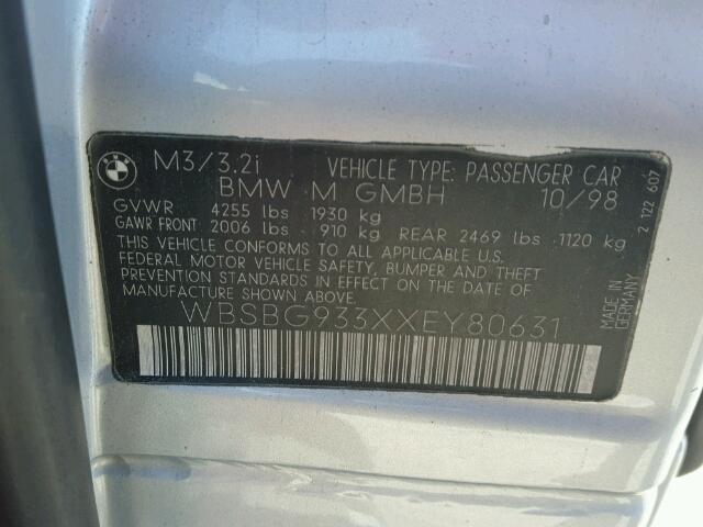 WBSBG933XXEY80631 - 1999 BMW M3 SILVER photo 10