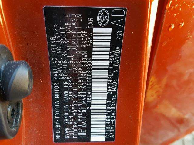 2T1BU4EE6DC093904 - 2013 TOYOTA COROLLA BA ORANGE photo 10