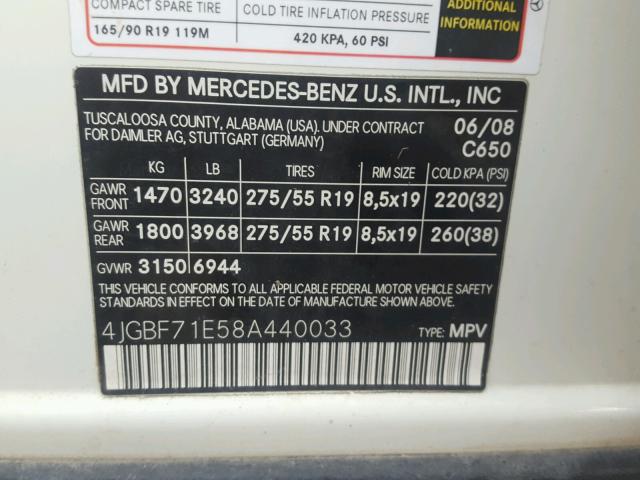 4JGBF71E58A440033 - 2008 MERCEDES-BENZ GL 450 4MA WHITE photo 10