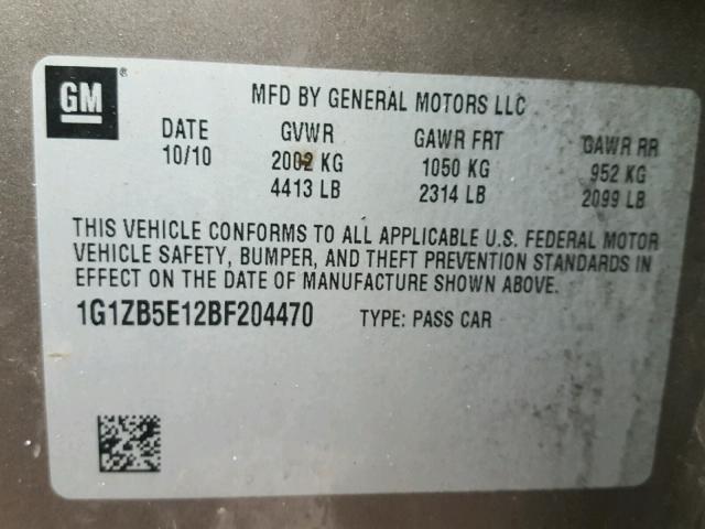 1G1ZB5E12BF204470 - 2011 CHEVROLET MALIBU LS ბეჟი ფოტო 10