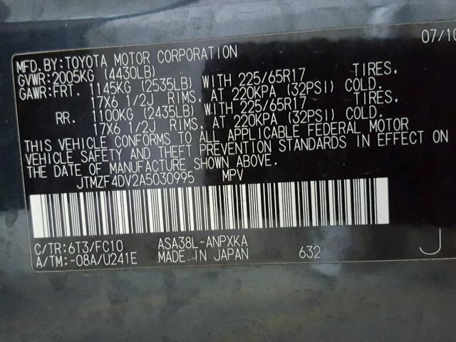 JTMZF4DV2A5030995 - 2010 TOYOTA RAV4 BLUE photo 10