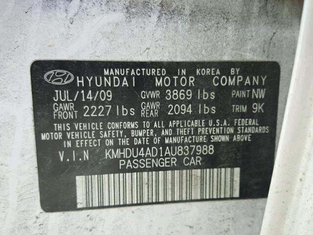 KMHDU4AD1AU837988 - 2010 HYUNDAI ELANTRA BL WHITE photo 10