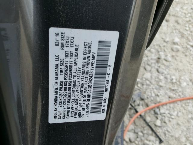 5FNRL5H64GB092438 - 2016 HONDA ODYSSEY EX GRAY photo 10