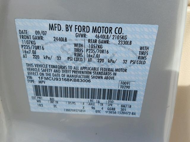 1FMCU93168KB83006 - 2008 FORD ESCAPE XLT TAN photo 10