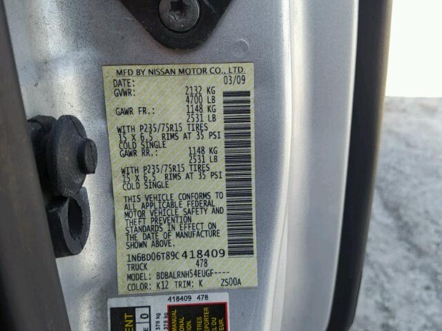 1N6BD06T89C418409 - 2009 NISSAN FRONTIER K SILVER photo 10