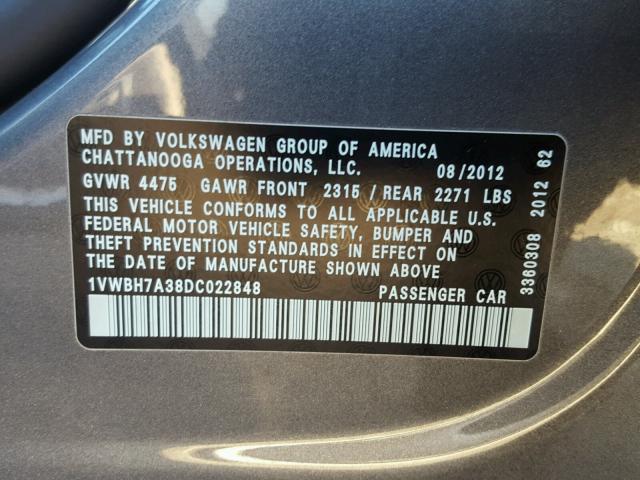 1VWBH7A38DC022848 - 2013 VOLKSWAGEN PASSAT SE GRAY photo 10