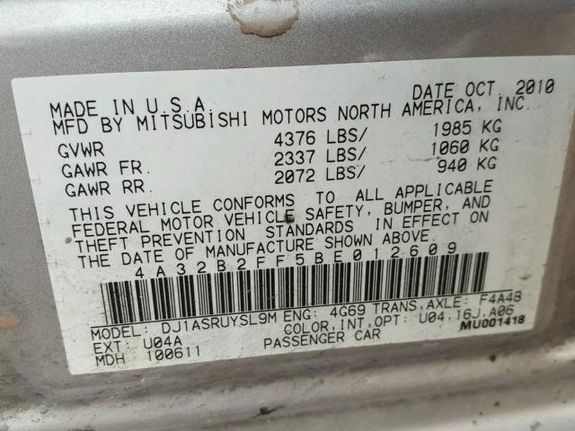 4A32B2FF5BE012609 - 2011 MITSUBISHI GALANT FE SILVER photo 10