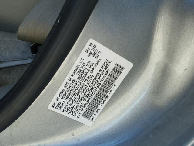 5FNRL3H67AB087343 - 2010 HONDA ODYSSEY EX GRAY photo 10