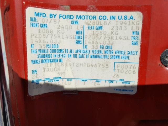 1FTCR14T2HPB46755 - 1987 FORD RANGER SUP RED photo 10