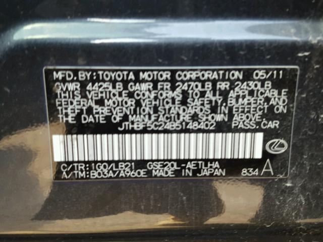 JTHBF5C24B5148402 - 2011 LEXUS IS 250 GRAY photo 10