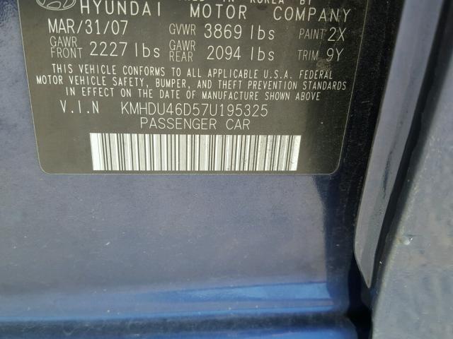 KMHDU46D57U195325 - 2007 HYUNDAI ELANTRA GL BLUE photo 10