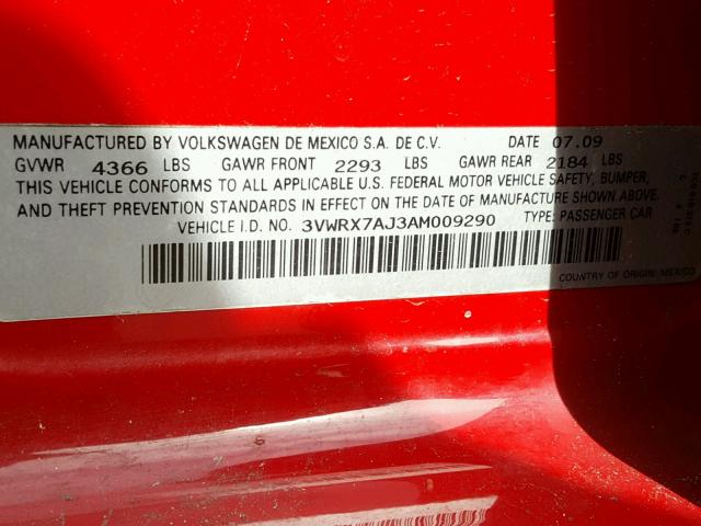 3VWRX7AJ3AM009290 - 2010 VOLKSWAGEN JETTA SE RED photo 10