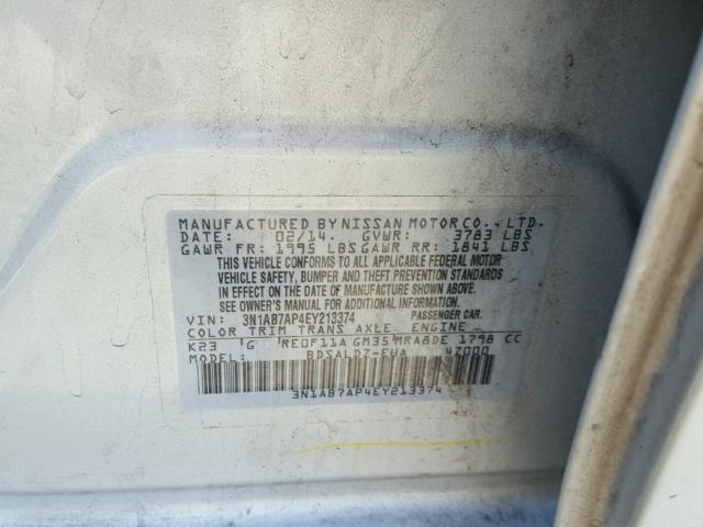 3N1AB7AP4EY213374 - 2014 NISSAN SENTRA S SILVER photo 10