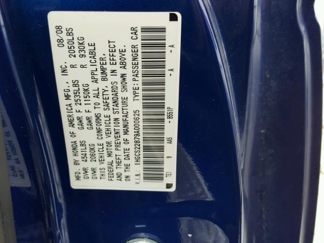 1HGCS22879A000625 - 2009 HONDA ACCORD EXL BLUE photo 10