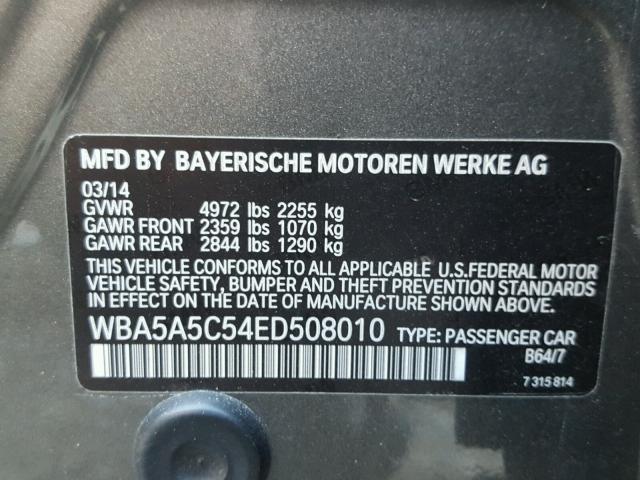 WBA5A5C54ED508010 - 2014 BMW 528 I GRAY photo 10