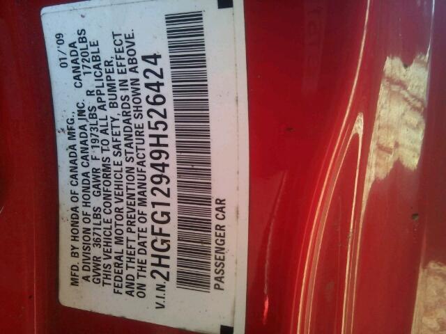 2HGFG12949H526424 - 2009 HONDA CIVIC EXL 红色 照片 10