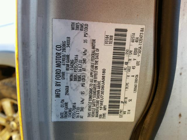 1FMEU73E06UA98180 - 2006 FORD EXPLORER X SILVER photo 10