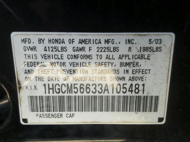 1HGCM56633A105481 - 2003 HONDA ACCORD EX BLACK photo 10