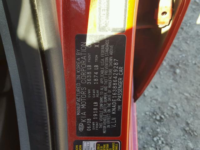 KNADE163886429287 - 2008 KIA RIO 5 SX RED photo 10