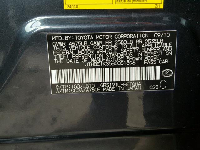 JTHBE1KS5B0051896 - 2011 LEXUS GS 350 BLACK photo 10