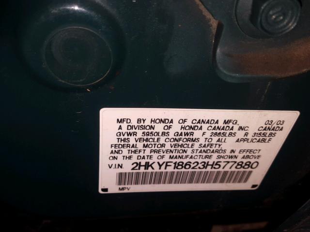 2HKYF18623H577880 - 2003 HONDA PILOT EXL GREEN photo 10