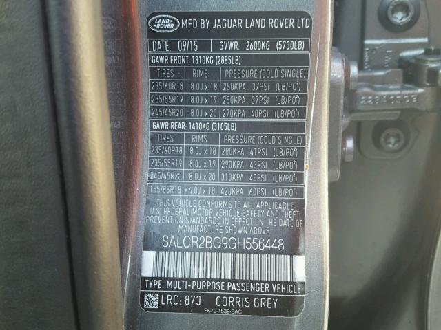 SALCR2BG9GH556448 - 2016 LAND ROVER DISCOVERY GRAY photo 10