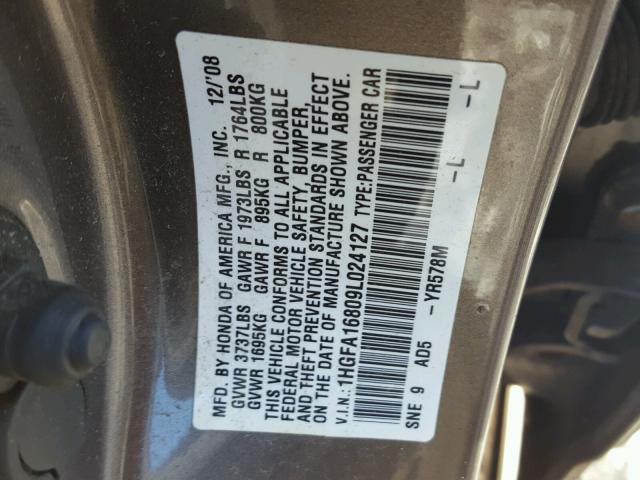 1HGFA16809L024127 - 2009 HONDA CIVIC EX GRAY photo 10