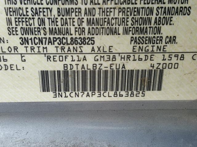 3N1CN7AP3CL863825 - 2012 NISSAN VERSA S GRAY photo 10