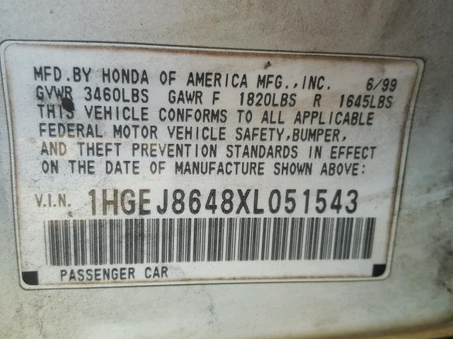 1HGEJ8648XL051543 - 1999 HONDA CIVIC EX WHITE photo 10