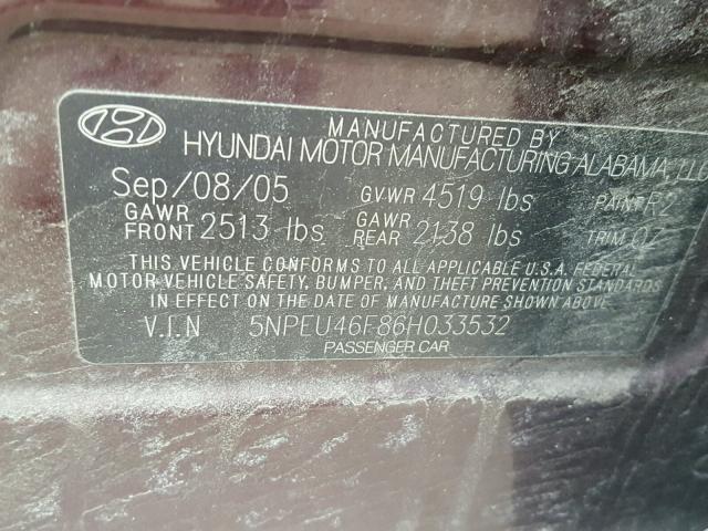 5NPEU46F86H033532 - 2006 HYUNDAI SONATA GLS BURGUNDY photo 10