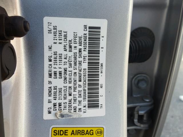 19UUA8F55CA036539 - 2012 ACURA TL SILVER photo 10